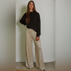 By Together Sequin Flare High-Waisted Wide Leg Pants Small NWT - Dove Grey